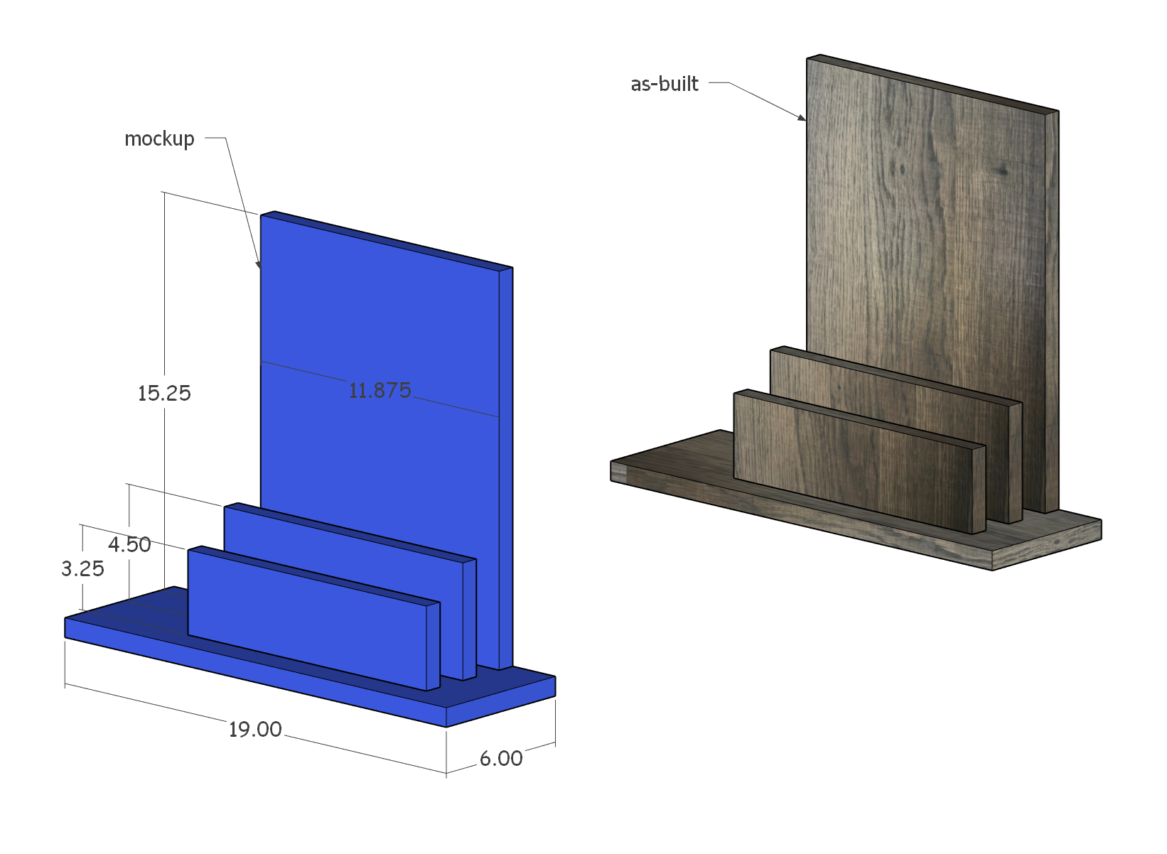 The original blue design model beside the textured as-built model, showing the narrower vertical panel