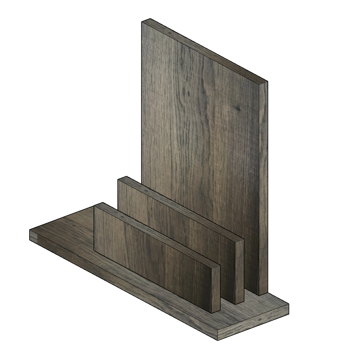The as-built SketchUp model with a narrower vertical panel, textured with a photo of the actual chestnut oak scrap