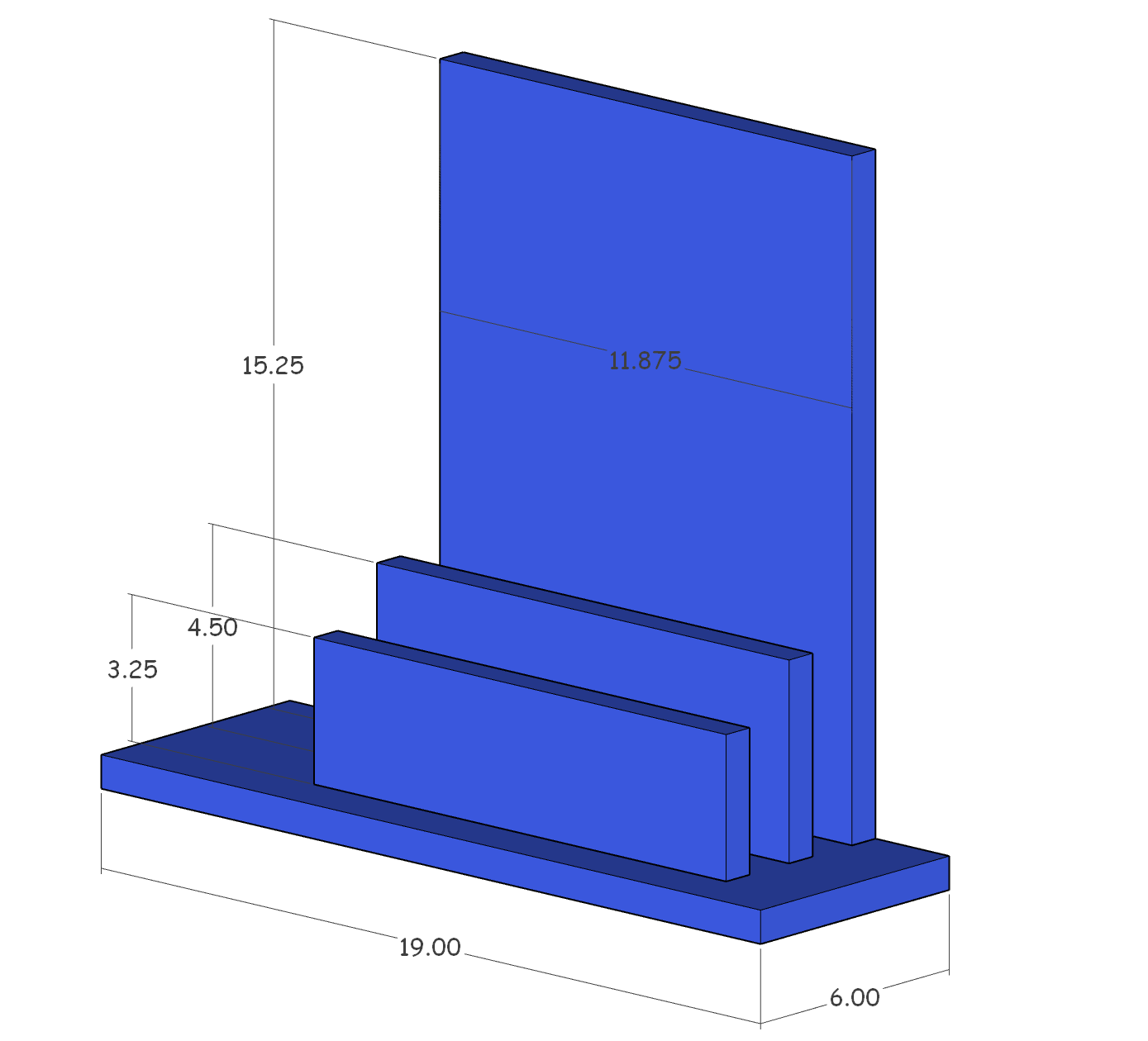 SketchUp model of the desk unit with overall dimensions: a 19-inch base, a 15.25-inch vertical panel, and two front dividers